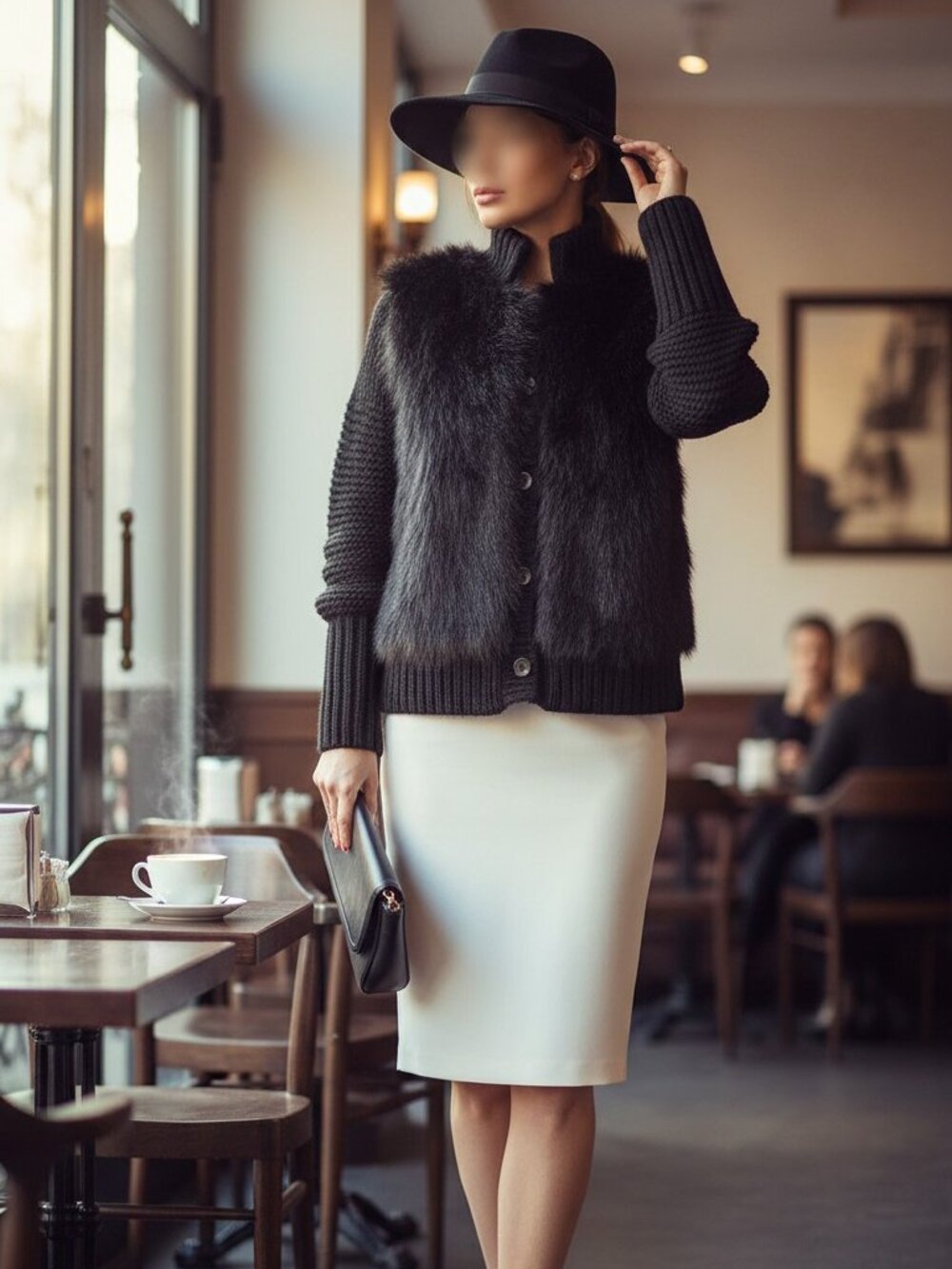 Women's Jacket Designer Juicy Couture Black Faux Fur Knitted Cuff Sleeve's Large